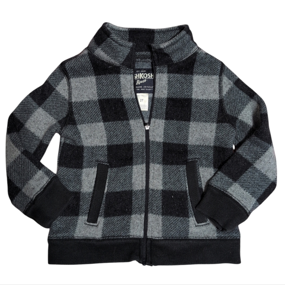 OSHKOSH Grey And Black Buffalo Plaid Checks Thick Warm Full Zip Sweater